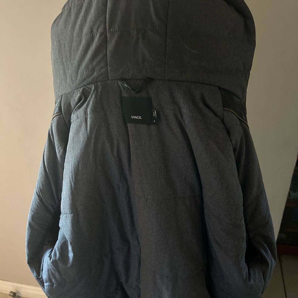 Men’s lightly used Vince suede and leather black zip up hooded jacket in black